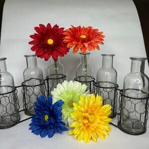 3 Glass Metal Vases- set of 2 country cottage summer vases comes‎ with flowers
